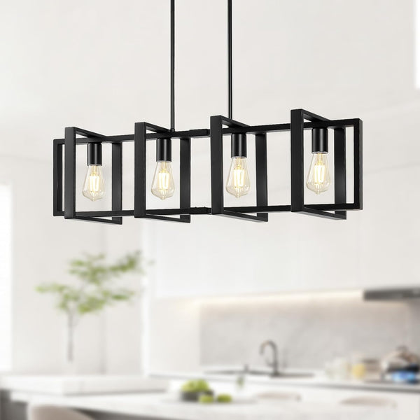 Dining Room Light Fixture, 4-Light Kitchen Island Lighting, Height Adjustable Island Lights For Kitchen, Black Linear Chandeliers For Dining Room, Metal Farmhouse Chandelier for Living Room(No Bulb)