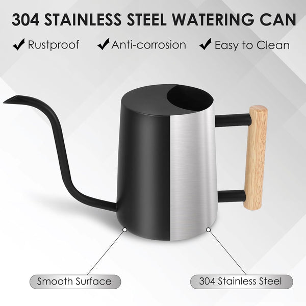 Watering Can, 35OZ/1000ML Watering Cans Outdoor, Rustproof Stainless Steel Watering Cans Indoor Plants, Semi Open Spill-Proof Outdoor Watering Can with Long Spout and Ergonomic Wooden Handle