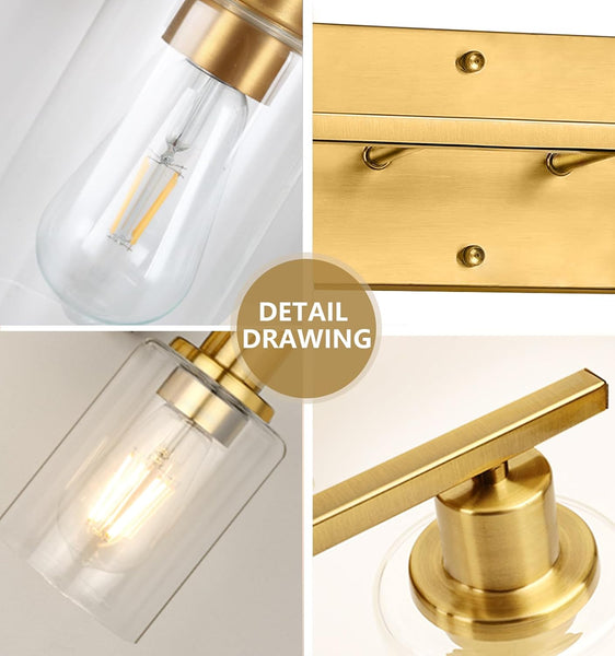 Gold Bathroom Light Fixtures, 2-Light Brushed Gold Vanity Lights, Bathroom Vanity Light with Clear Glass Shade, Modern Vanity Lights for Bathroom, Vanity Lights for Mirror for Bedroom Hallway E26 Base