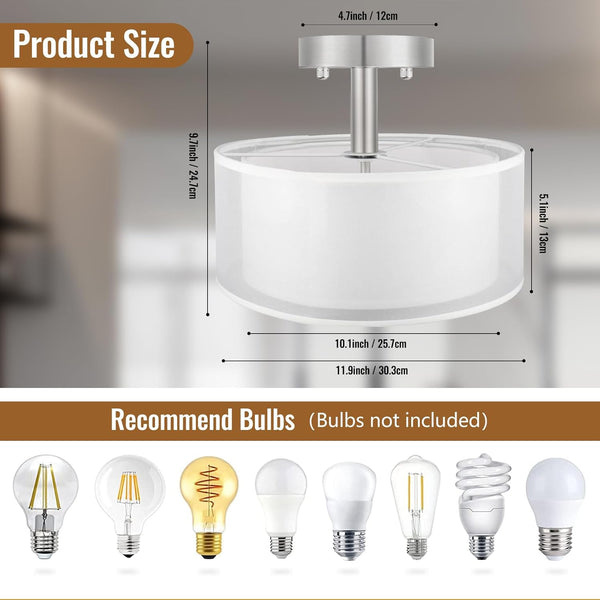 Ceiling Light, 3-Light Modern Light Fixtures Ceiling, Semi Flush Mount Ceiling Light, Ceiling Light Fixtures with Double Fabric Shade, Dining Room Light Fixtures, Bedroom Light Fixtures Ceiling