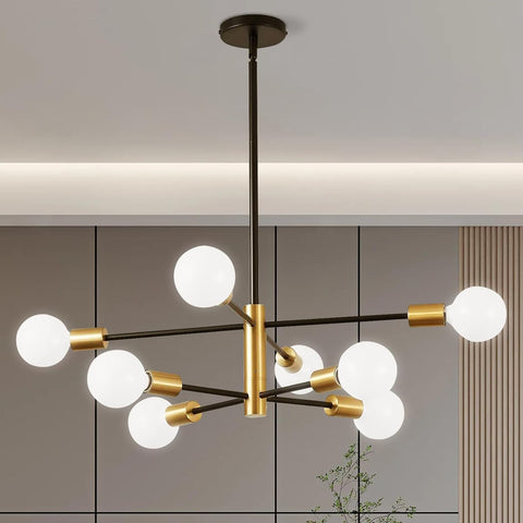 Chandelier, 8-Light Dining Room Light Fixture, 4-Height Adjustable Chandeliers for Dining Room, Dimmable Dining Room Chandelier, Sputnik Chandeliers with Stable Metal Base, E26 Sockets