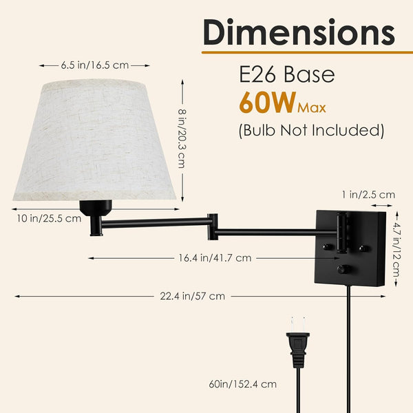 Wall Sconces Set of 2, Plug in Wall Sconce, Dimmable Wall Lights with Adjustable Swing Arm Wall Lamp with Fabric Shade, Modern Sconces Wall Decor Set of 2 for Reading Living Room Bedroom Hallway