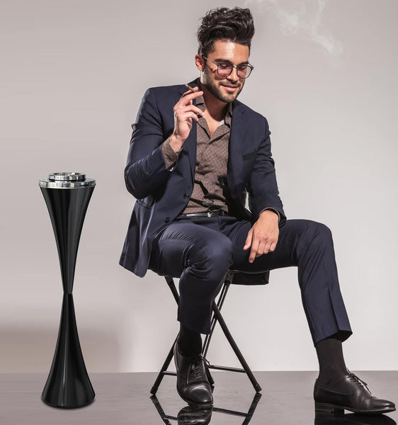 Floor Standing Ashtray with Lid 24 Inches Standing Ashtray Outdoor Windproof Cigar Butt Ash tray Detachable Ash tray Stand Easy to Clean Tall Ashtrays Stable Ashtrays for Outdoor or Indoor Use Black