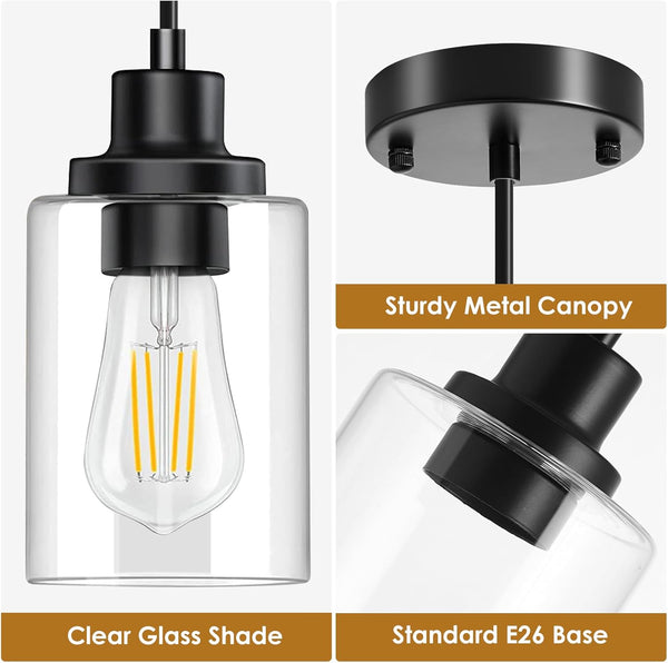 Pendant Light, 3 Pack Pendant Lights Kitchen Island, Black Hanging Light Fixture with 4"- 60" Adjustable Cord, Pendant Lights with Glass Shade,Metal Pendant Lighting for Bedroom Living Room Hallway