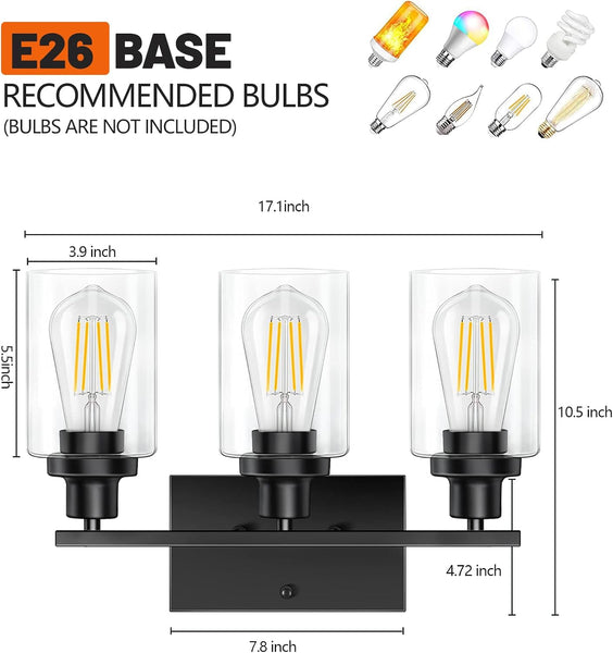 Bathroom Light Fixtures Over Mirror, 3-Light Vanity Lights for Bathroom with Clear Glass Shade,Matte Black Wall Lights indoor,Metal Bathroom Light Fixtures,Wall Lamps for Bedroom,Sconces Wall Lighting