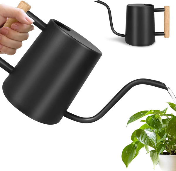 Watering Can, 35OZ/1000ML Watering Cans Outdoor, Rustproof Stainless Steel Watering Cans Indoor Plants, Semi Open Spill-Proof Outdoor Watering Can with Long Spout and Ergonomic Wooden Handle