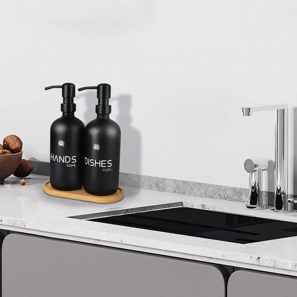 Soap Dispenser,Dish Soaps Dispenser with Bamboo Tray, 304 Stainless Steel Pump Soap Dispensers Kitchen, Soaps Dispenser Bathroom, Black Matte Kitchen Soaps Dispenser