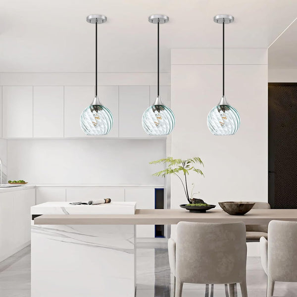 Pendant Light, Pendant Lights Kitchen Island 3 Pack with Glass Shades Twist Pattern, 60" Adjustable Cord Kitchen Island Lighting E26 Based, Green Island Lights for Bedroom Living Room Dining Room