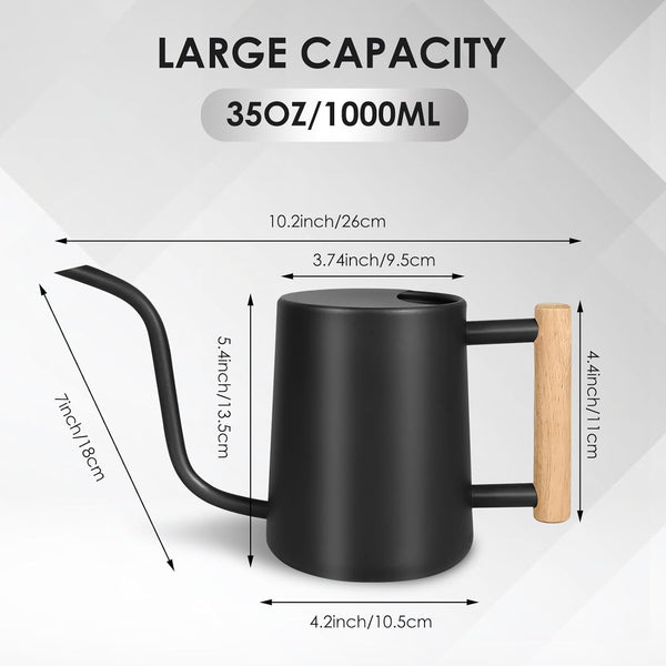 Watering Can, 35OZ/1000ML Watering Cans Outdoor, Rustproof Stainless Steel Watering Cans Indoor Plants, Semi Open Spill-Proof Outdoor Watering Can with Long Spout and Ergonomic Wooden Handle