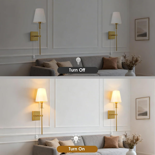 Wall Sconce, Dimmable Gold Wall Sconces Set of 2, Plug in Sconces Wall Lighting, E12 Based Wall Lamp with Fabric Shade, Classic Wall Light Indoor for Living Room Hallway Bathroom Bedroom(No Bulb)