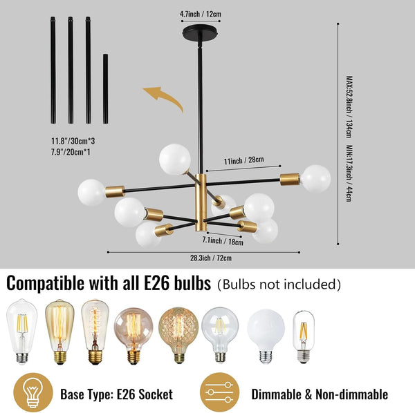 Chandelier, 8-Light Dining Room Light Fixture, 4-Height Adjustable Chandeliers for Dining Room, Dimmable Dining Room Chandelier, Sputnik Chandeliers with Stable Metal Base, E26 Sockets