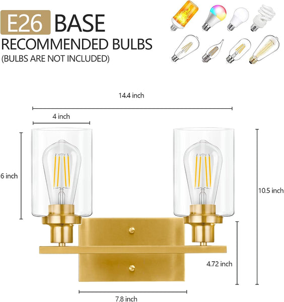 Gold Bathroom Light Fixtures, 2-Light Brushed Gold Vanity Lights, Bathroom Vanity Light with Clear Glass Shade, Modern Vanity Lights for Bathroom, Vanity Lights for Mirror for Bedroom Hallway E26 Base