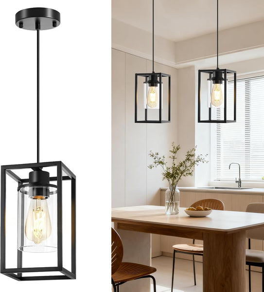 Pendant Lights Kitchen Island, 1 Pack Black Pendant Light, Adjustable Corded Pendant Light Fixtures with Glass Shade, Metal Frame Hanging Light Fixture, Kitchen Island Lighting for Entryway Bedroom