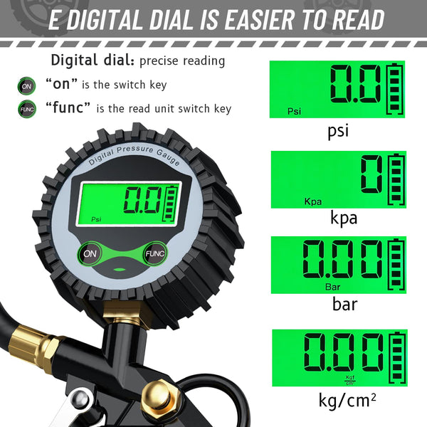 Tire Pressure Gauge, 3-in-1 Digital Tire Pressure Gauge, 250PSI Tire Pressure Gauge and Inflator, Heavy Duty Tire Pressure Gauge 7PCS Set, Tire Inflator with Pressure Gauge for Cars with Air Chuck