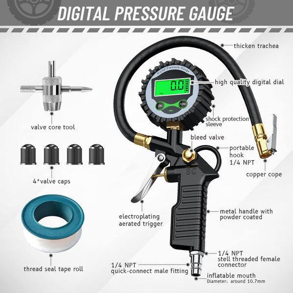 Tire Pressure Gauge, 3-in-1 Digital Tire Pressure Gauge, 250PSI Tire Pressure Gauge and Inflator, Heavy Duty Tire Pressure Gauge 7PCS Set, Tire Inflator with Pressure Gauge for Cars with Air Chuck