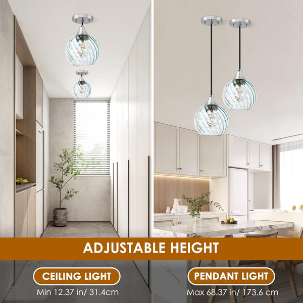 Pendant Light, 2 Pack Pendant Lights Kitchen Island with Glass Shade Twist Pattern, E26 Based Glass Kitchen Island Lighting with Adjustable Height, Modern Green Island Lights for Bedroom Living Room