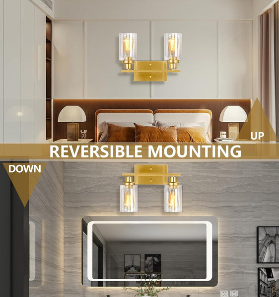 Gold Bathroom Light Fixtures, 2-Light Brushed Gold Vanity Lights, Bathroom Vanity Light with Clear Glass Shade, Modern Vanity Lights for Bathroom, Vanity Lights for Mirror for Bedroom Hallway E26 Base