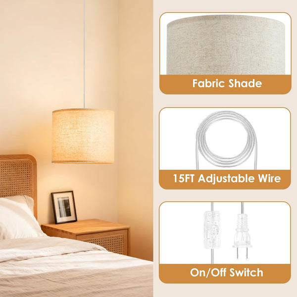 Plug in Pendant Light,Set of 2 Beige Hanging Lamp,Adjustable Hanging Light Fixture, Hanging Lights That Plug in with Fabric Shade,Plug in Ceiling Light for Living Room Kitchen Island Bedroom(No Bulb)