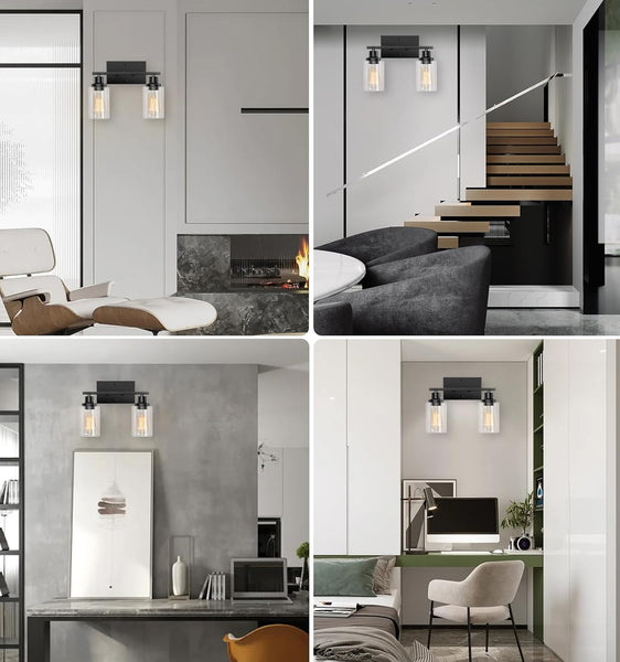 Bathroom Light Fixtures Over Mirror, 2-Light Vanity Light with Glass Shade, Matte Black Bathroom Light Fixtures, Modern Vanity Lights for Bathroom, Metal Bathroom Vanity Light Fixtures Bathroom Light