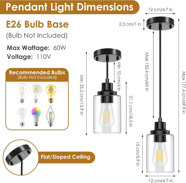 Pendant Light, 3 Pack Pendant Lights Kitchen Island, Black Hanging Light Fixture with 4"- 60" Adjustable Cord, Pendant Lights with Glass Shade,Metal Pendant Lighting for Bedroom Living Room Hallway