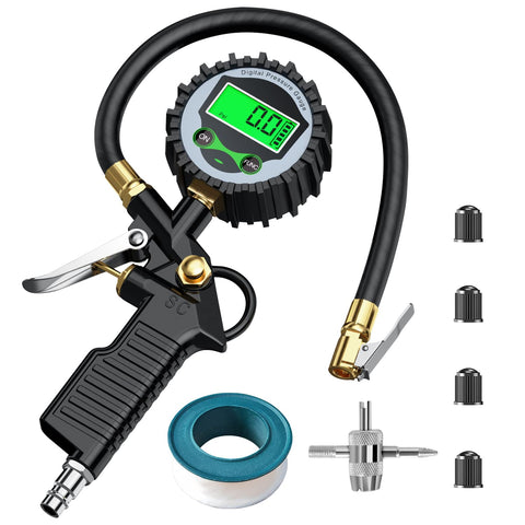 Tire Pressure Gauge, 3-in-1 Digital Tire Pressure Gauge, 250PSI Tire Pressure Gauge and Inflator, Heavy Duty Tire Pressure Gauge 7PCS Set, Tire Inflator with Pressure Gauge for Cars with Air Chuck