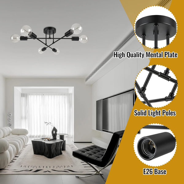 Black Sputnik Chandeliers Ceiling Lights, Light Fixtures Ceiling Modern, Industrial Ceiling Light Fixtures, Bedroom Light Fixtures Ceiling, Pendant Light Fixture for Bedrrom,Dining Room Kitchen,Office