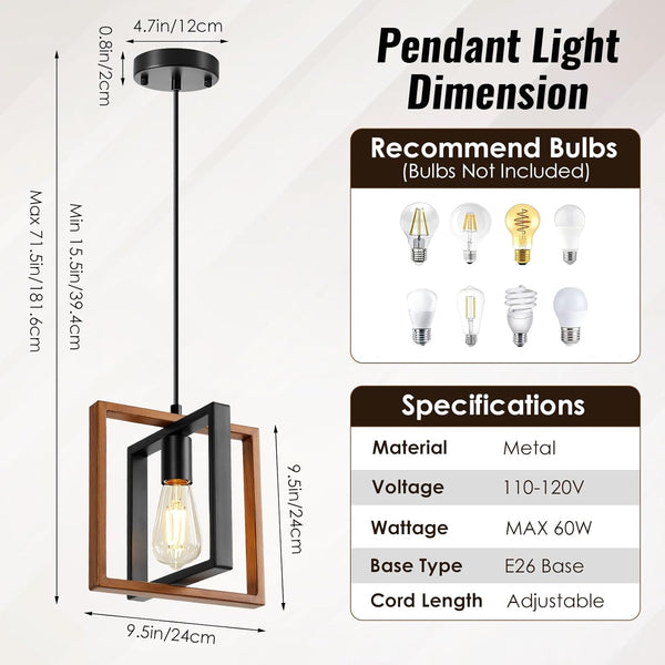 Pendant Lights Kitchen Island, 2 Pack Pendant Light, Adjustable Kitchen Island Lighting, Wood Grain Hanging Light Fixture with Metal Frames, Pendant Lights for Dining Room Hallway Entryway Living Room