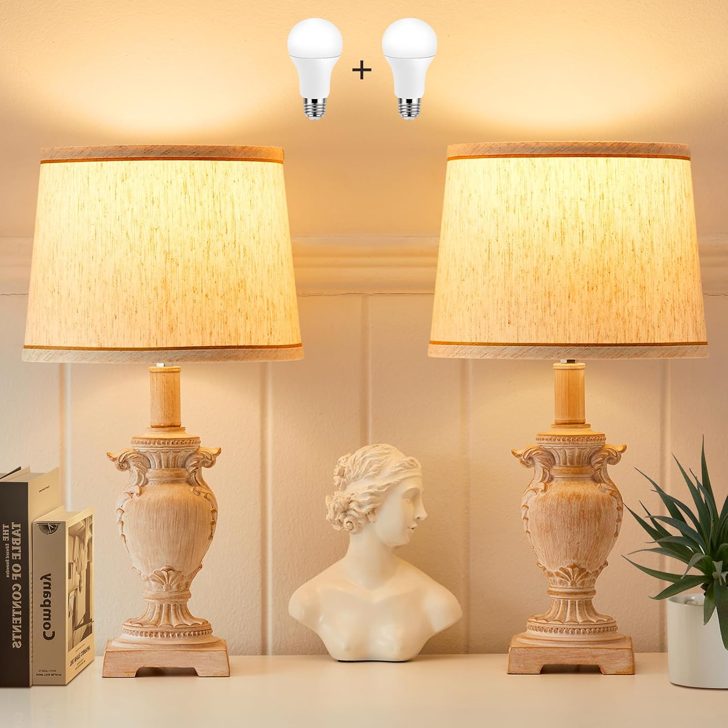 Table Lamp,3-Way Dimmable Lampe De Chevet,Beside Lamp with 2 LED Bulbs,Vintage Resin Based Lamps for Bedrooms, Easy to Assemble Bedroom Lamp, Bedroom Lamp for Living Room,Nursery,Office