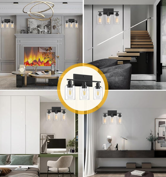 Bathroom Light Fixtures, 3-Light Vanity Lights, Black Bathroom Vanity Light with Clear Glass Shade, Modern Wall Lamp with Metal Frame, Wall lamps for Bedroom Washroom Living Room Hallway E26 Base