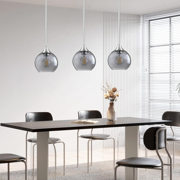 Pendant Light, Grey Glass Pendant Lights Kitchen Island Lighting 3 Pack, Island Lights with 42" Adjustable Rods, Modern Light Fixtures Ceiling Hanging for Bedroom Hallway Living Room Dining Room
