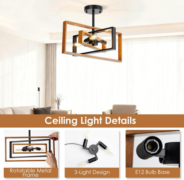 Ceiling Light, 3-Light Industrial Semi Flush Mount Ceiling Light, Rotatable Metal Frame Kitchen Light Fixtures Ceiling, Farmhouse Dining Room Light Fixtures for Living Room, Bedroom, Entryway, Hallway