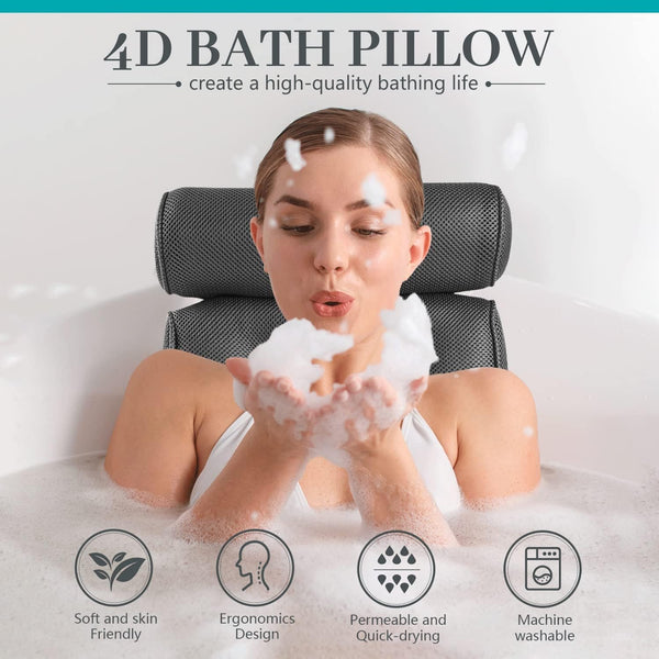 Bath Pillow,Bath Pillows for Tub with 6 Non-Slip Suction Cups,Breathable Bathtub Pillow 4D Air Mesh Bath Tub Pillow Headrest,Soft Tub Pillow Bathtub Accessories for Relaxing Neck and Back Support-Grey