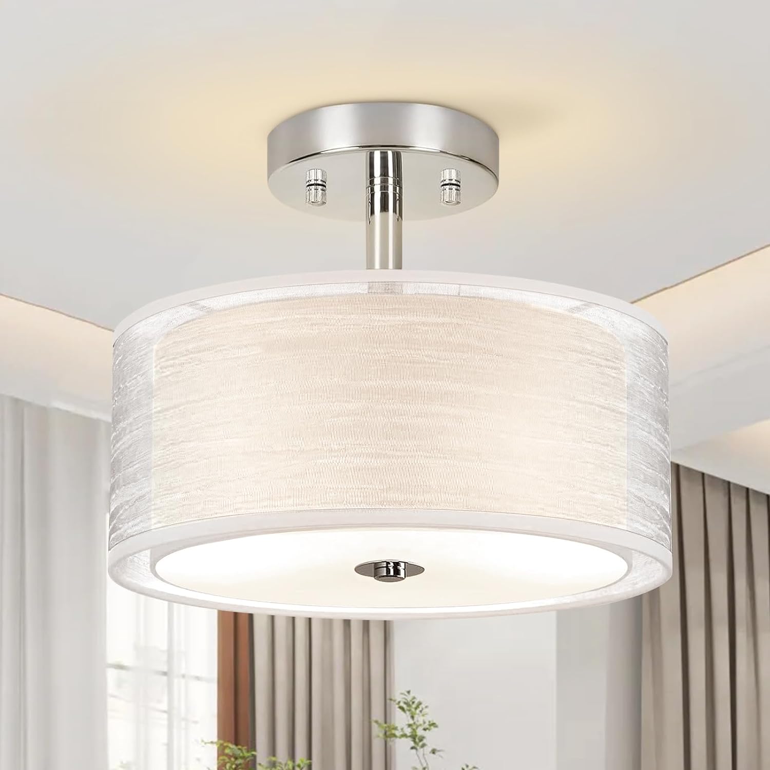 Ceiling Light, 3-Light Ceiling Light Fixture, Semi Flush Mount Ceiling Light, Light Fixtures Ceiling Mount with Double Fabric Shade, Bedroom Lights for Ceiling,Gray Ceiling Light Fixtures for Bedroom