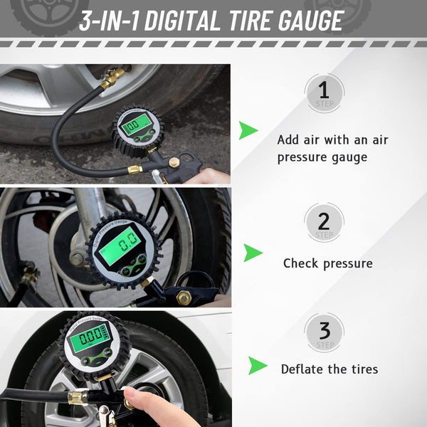 Tire Pressure Gauge, 3-in-1 Digital Tire Pressure Gauge, 250PSI Tire Pressure Gauge and Inflator, Heavy Duty Tire Pressure Gauge 7PCS Set, Tire Inflator with Pressure Gauge for Cars with Air Chuck