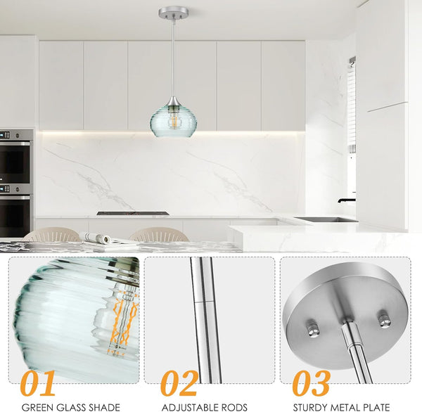 Pendant Light, Single Pendant Lights Kitchen Island Lighting with Adjustable Height 5"-42", Island Lights with Green Glass Shade, Green Pendant Lights for Living Room Bedroom Dining Room E26 Base
