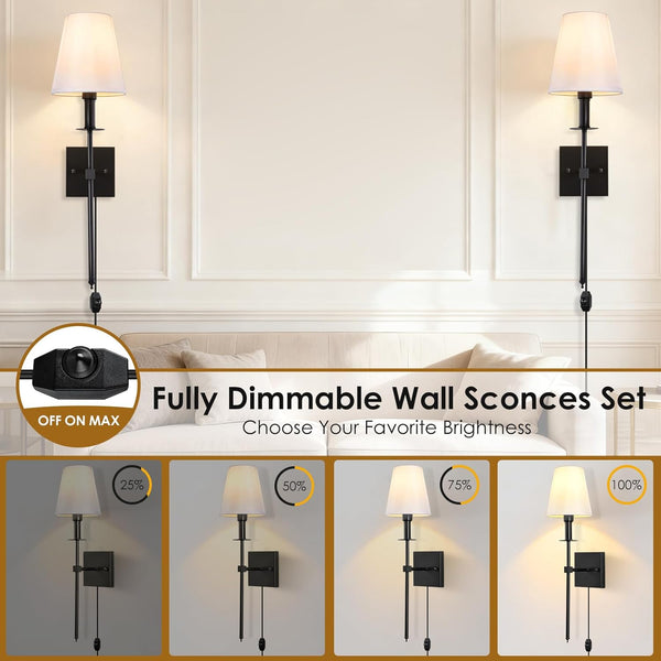 Wall Sconce, Black Wall Sconces Set of 2, Dimmable Plug in Sconces Wall Lighting, E12 Based Wall Lamp with Fabric Shade, Modern Wall Light Indoor for Bedroom Living Room Hallway Bathroom(No Bulb)