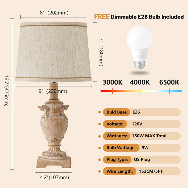 Table Lamp,3-Way Dimmable Lampe De Chevet,Beside Lamp with 2 LED Bulbs,Vintage Resin Based Lamps for Bedrooms, Easy to Assemble Bedroom Lamp, Bedroom Lamp for Living Room,Nursery,Office
