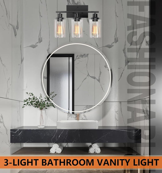Bathroom Light Fixtures Over Mirror, 3-Light Vanity Lights for Bathroom with Clear Glass Shade,Matte Black Wall Lights indoor,Metal Bathroom Light Fixtures,Wall Lamps for Bedroom,Sconces Wall Lighting