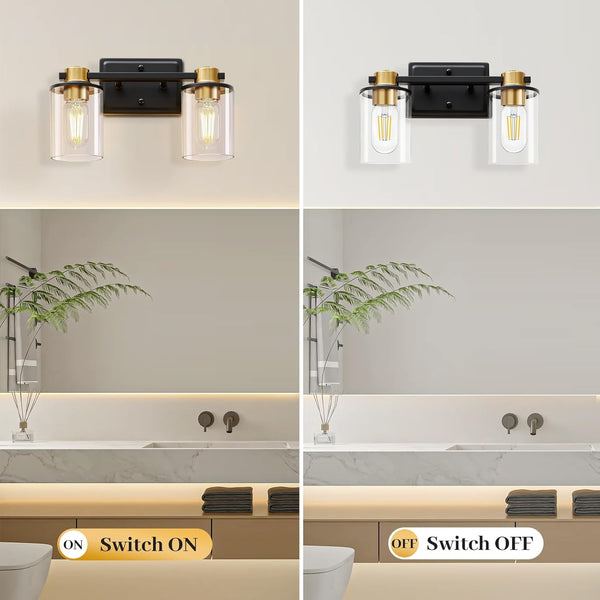 Bathroom Light Fixtures Over Mirror, Gold&Black Vanity Light, Modern Vanity Lights with Clear Glass Shade, Bathroom Light Fixtures with Anti-Rust Metal Frame for Bedroom Washroom Living Room E26 Base