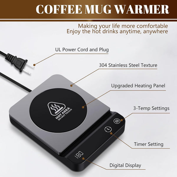 Mug Warmer,Coffee Mug Warmer with 3-Temp Settings,304 Stainless Steel Coffee Warmer with Digital Display, 2-12H Timer Setting Mug Warmer for Desk, Coffee Cup Warmer As Ideal Gift for Coffee Lovers