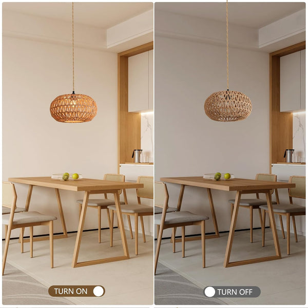 Hanging Lamp, 12 inch Hemp Rope Plug in Pendant Light, Boho Dimmable Hanging Light with 15ft Adjustable Cord, Hanging Lights That Plug in with Hook Design, E26 Hanging Lights for Bedroom Dining Room