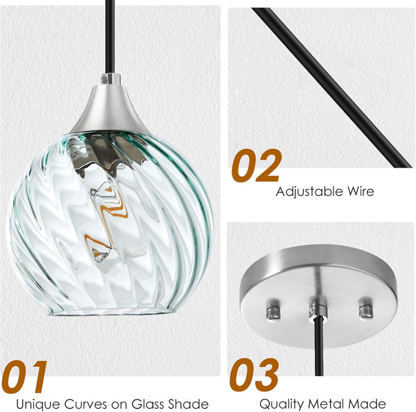 Pendant Light, Pendant Lights Kitchen Island 3 Pack with Glass Shades Twist Pattern, 60" Adjustable Cord Kitchen Island Lighting E26 Based, Green Island Lights for Bedroom Living Room Dining Room