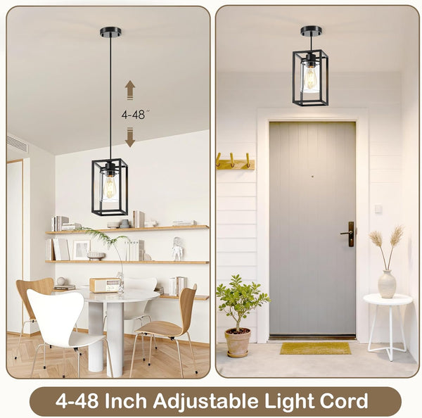 Pendant Lights Kitchen Island, 1 Pack Black Pendant Light, Adjustable Corded Pendant Light Fixtures with Glass Shade, Metal Frame Hanging Light Fixture, Kitchen Island Lighting for Entryway Bedroom