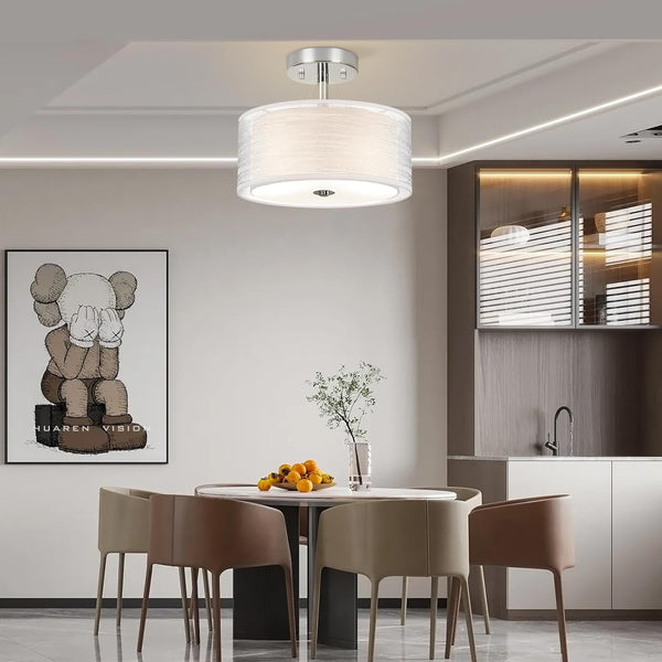 Ceiling Light, 3-Light Ceiling Light Fixture, Semi Flush Mount Ceiling Light, Light Fixtures Ceiling Mount with Double Fabric Shade, Bedroom Lights for Ceiling,Gray Ceiling Light Fixtures for Bedroom
