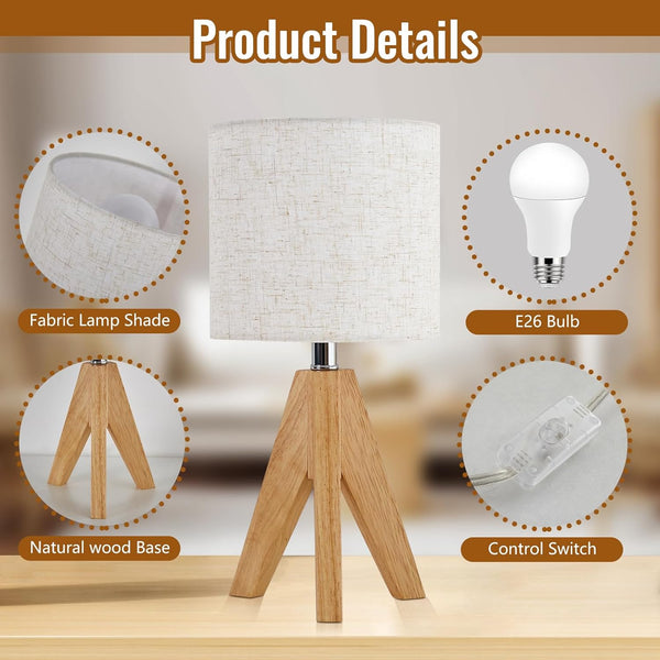 Table Lamp, Wooden Tripod Lamps for Bedrooms with Fabric Shade, Lamps for Bedrooms, 2 Pack Bedside Lamp with 60W Bulb, Lamps Living Room, Bedside Table Lamp for Bedroom, Living Room, Nursery, Office
