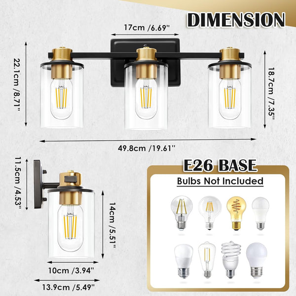 Bathroom Light Fixtures, Vanity Lights with 3 E26 Sockets, Brushed Gold&Black Bathroom Lighting Fixtures Over Mirror, Vanity Lights for Mirror with Glass Shades for Bedroom Living Room Washroom Light