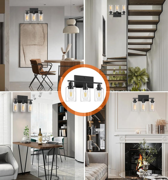 Bathroom Light Fixtures Over Mirror, 3-Light Vanity Lights for Bathroom with Clear Glass Shade,Matte Black Wall Lights indoor,Metal Bathroom Light Fixtures,Wall Lamps for Bedroom,Sconces Wall Lighting