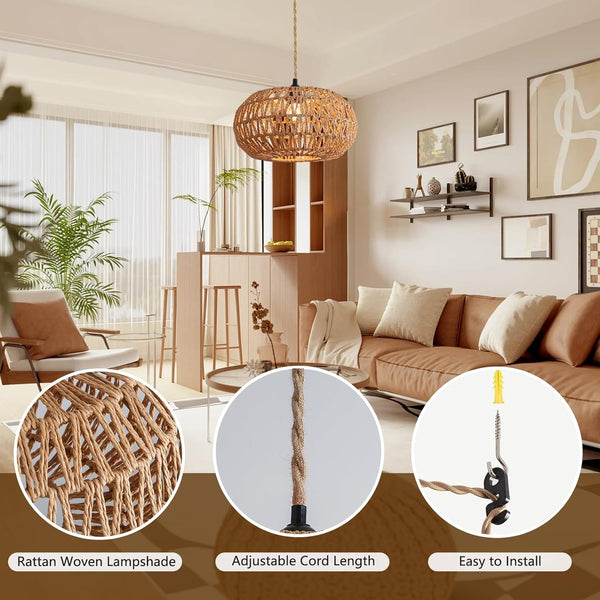 Hanging Lamp, 12 inch Hemp Rope Plug in Pendant Light, Boho Dimmable Hanging Light with 15ft Adjustable Cord, Hanging Lights That Plug in with Hook Design, E26 Hanging Lights for Bedroom Dining Room