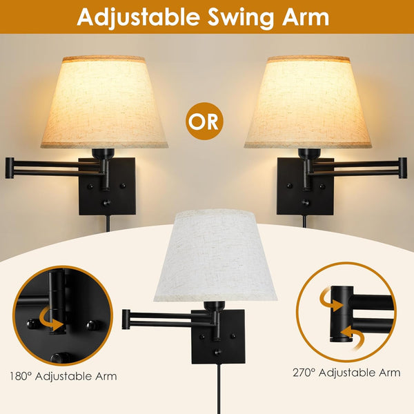 Wall Sconces Set of 2, Plug in Wall Sconce, Dimmable Wall Lights with Adjustable Swing Arm Wall Lamp with Fabric Shade, Modern Sconces Wall Decor Set of 2 for Reading Living Room Bedroom Hallway