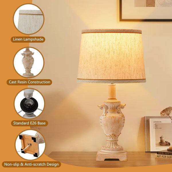 Table Lamp,3-Way Dimmable Lampe De Chevet,Beside Lamp with 2 LED Bulbs,Vintage Resin Based Lamps for Bedrooms, Easy to Assemble Bedroom Lamp, Bedroom Lamp for Living Room,Nursery,Office